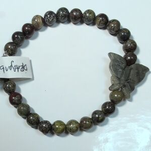 Dragon Bloodstone Stretch Bracelet With Carved Gemstone Butterfly